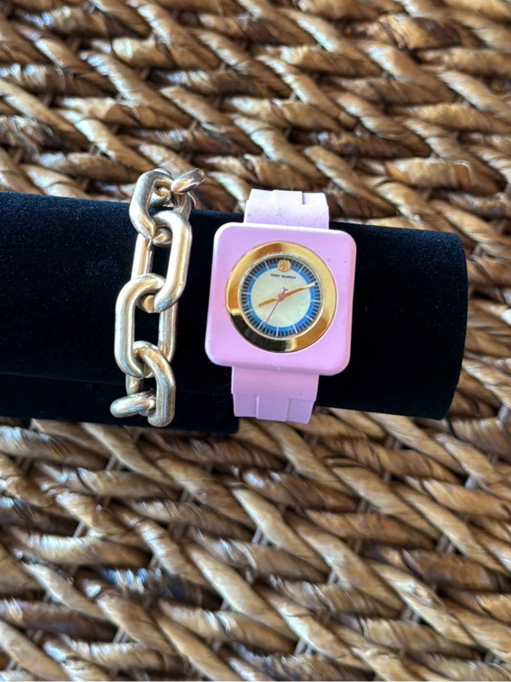 Tory Burch Izzie Watch Pink Silicone Square Watch with Gold Bezel 36 mm - Picture 11 of 15